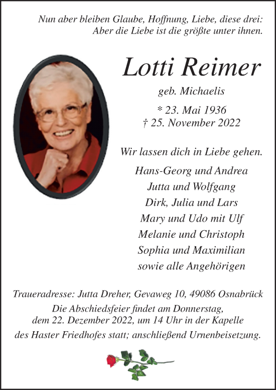 Traueranzeige von Lotti Reimer von Neue Osnabrücker Zeitung GmbH & Co. KG
