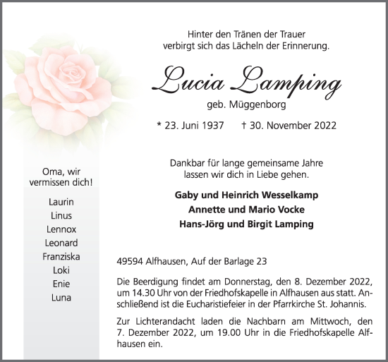 Traueranzeige von Lucia Lamping von Neue Osnabrücker Zeitung GmbH & Co. KG