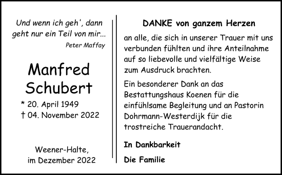 Traueranzeige von Manfred Schubert von Neue Osnabrücker Zeitung GmbH & Co. KG
