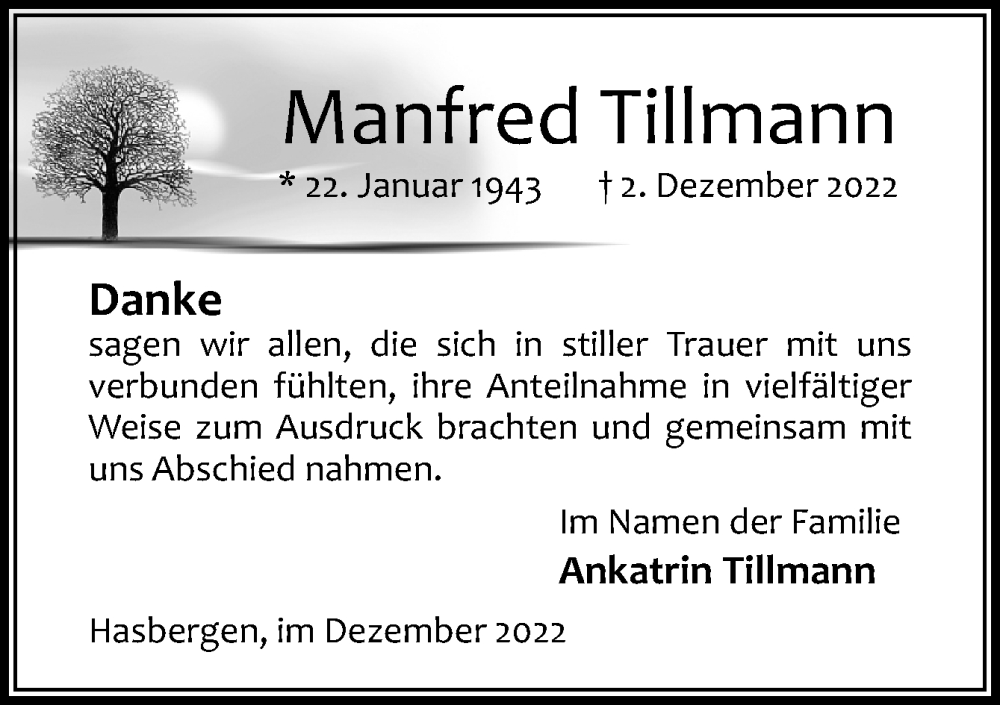  Traueranzeige für Manfred Tillmann vom 17.12.2022 aus Neue Osnabrücker Zeitung GmbH & Co. KG