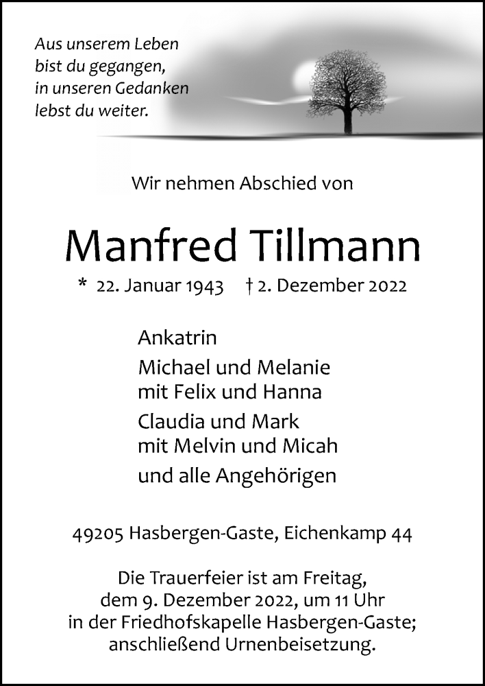  Traueranzeige für Manfred Tillmann vom 07.12.2022 aus Neue Osnabrücker Zeitung GmbH & Co. KG