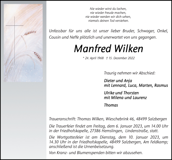 Traueranzeige von Manfred Wilken von Neue Osnabrücker Zeitung GmbH & Co. KG