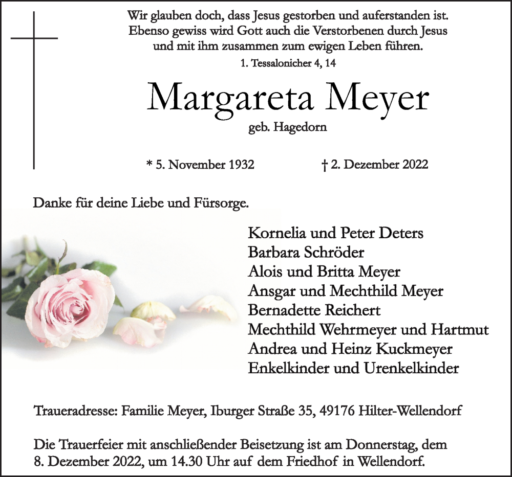  Traueranzeige für Margareta Meyer vom 06.12.2022 aus Neue Osnabrücker Zeitung GmbH & Co. KG