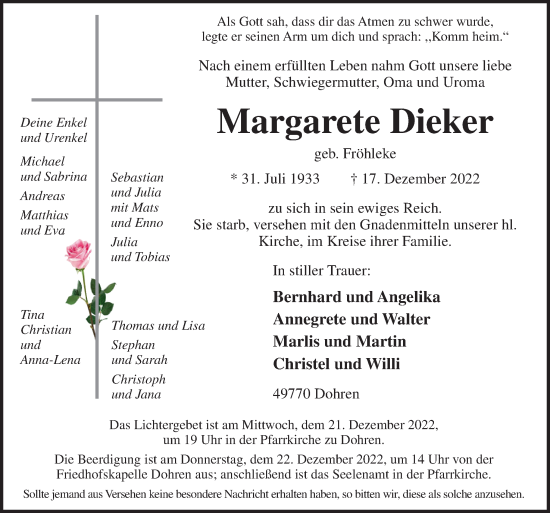 Traueranzeige von Margarete Dieker von Neue Osnabrücker Zeitung GmbH & Co. KG