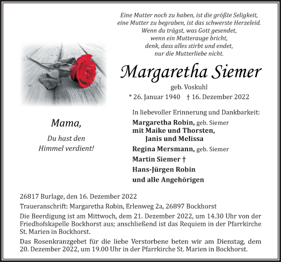 Traueranzeige von Margaretha Siemer von Neue Osnabrücker Zeitung GmbH & Co. KG