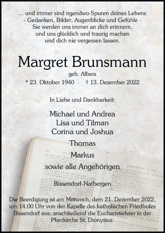 Traueranzeige von Margret Brunsmann von Neue Osnabrücker Zeitung GmbH & Co. KG