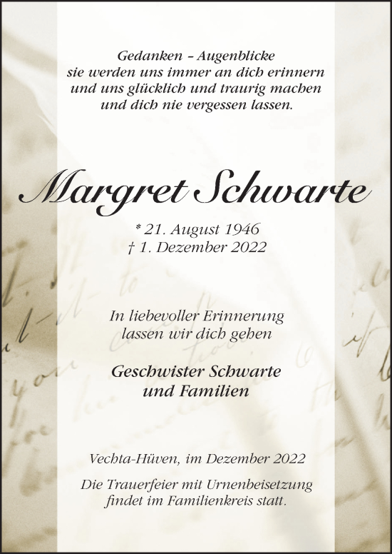 Traueranzeige von Margret Schwarte von Neue Osnabrücker Zeitung GmbH & Co. KG