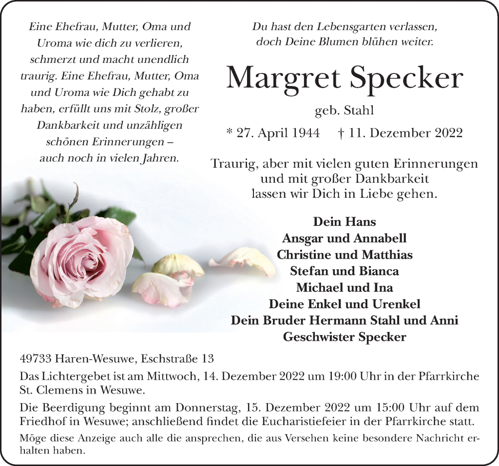  Traueranzeige für Margret Specker vom 14.12.2022 aus Neue Osnabrücker Zeitung GmbH & Co. KG