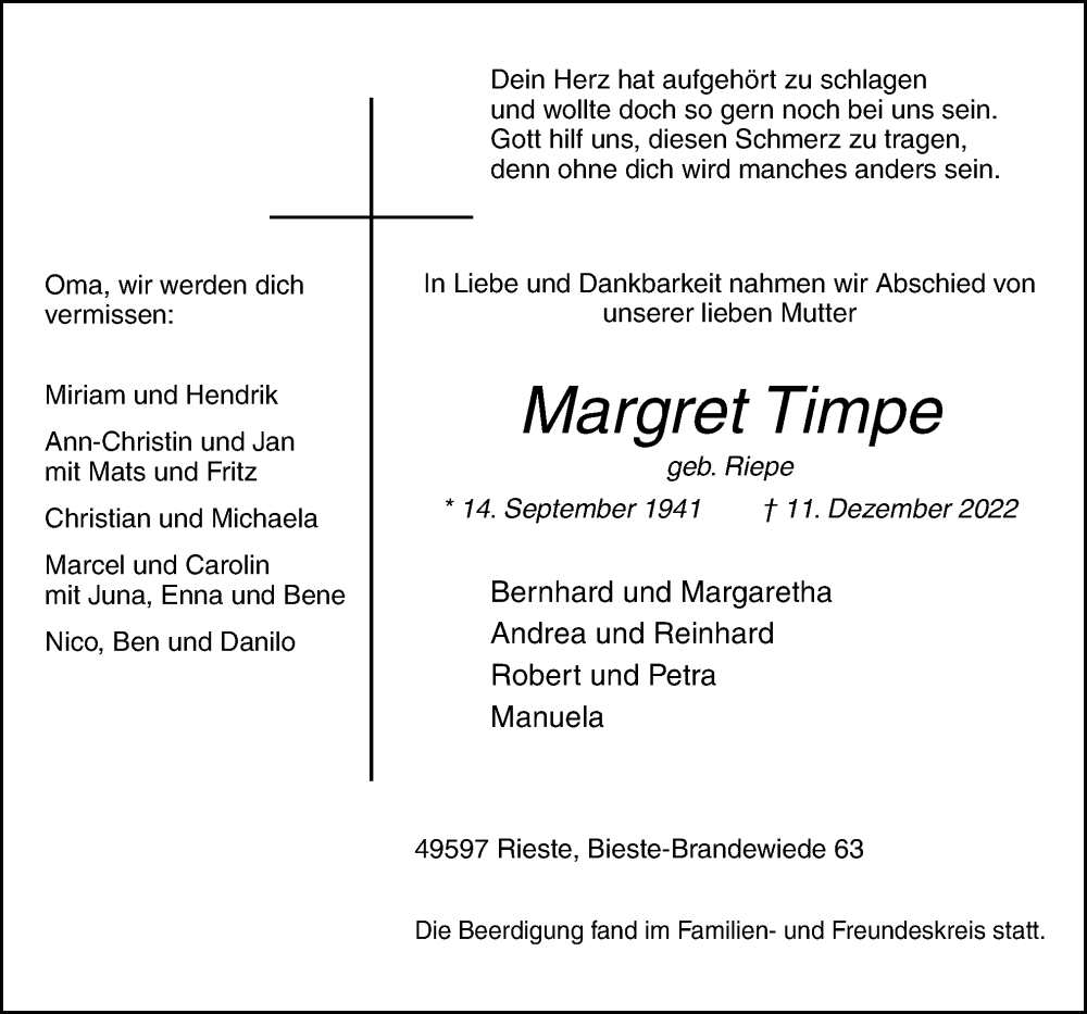  Traueranzeige für Margret Timpe vom 17.12.2022 aus Neue Osnabrücker Zeitung GmbH & Co. KG