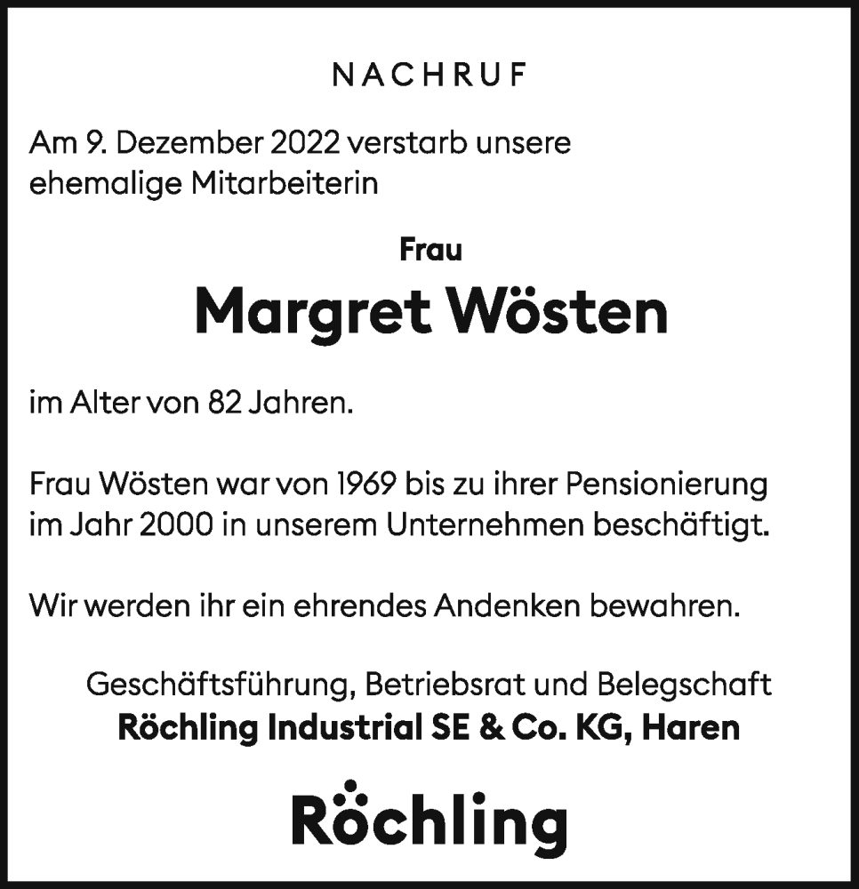  Traueranzeige für Margret Wösten vom 14.12.2022 aus Neue Osnabrücker Zeitung GmbH & Co. KG