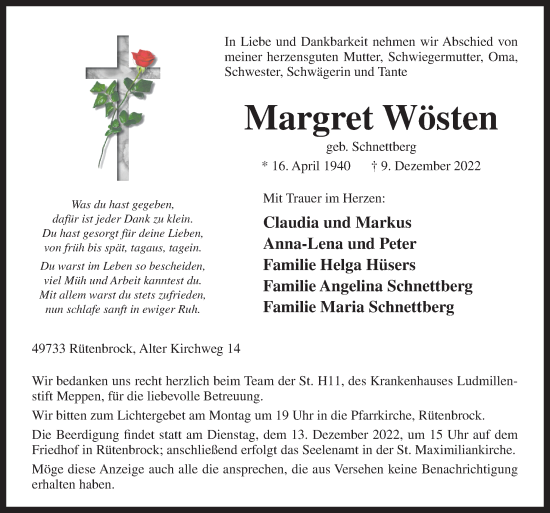 Traueranzeige von Margret Wösten von Neue Osnabrücker Zeitung GmbH & Co. KG