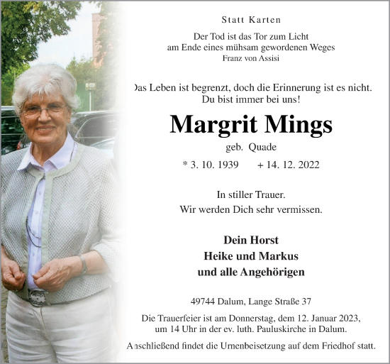 Traueranzeige von Margrit Mings von Neue Osnabrücker Zeitung GmbH & Co. KG