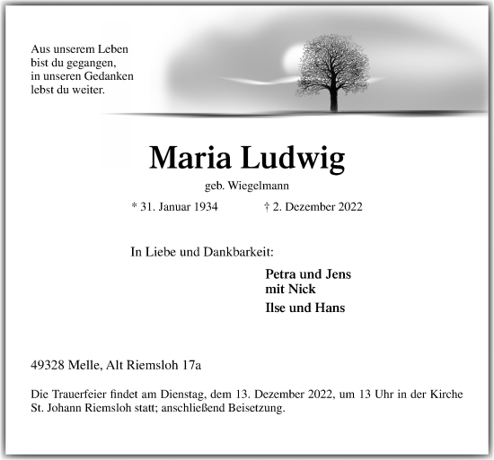 Traueranzeige von Maria Ludwig von Neue Osnabrücker Zeitung GmbH & Co. KG