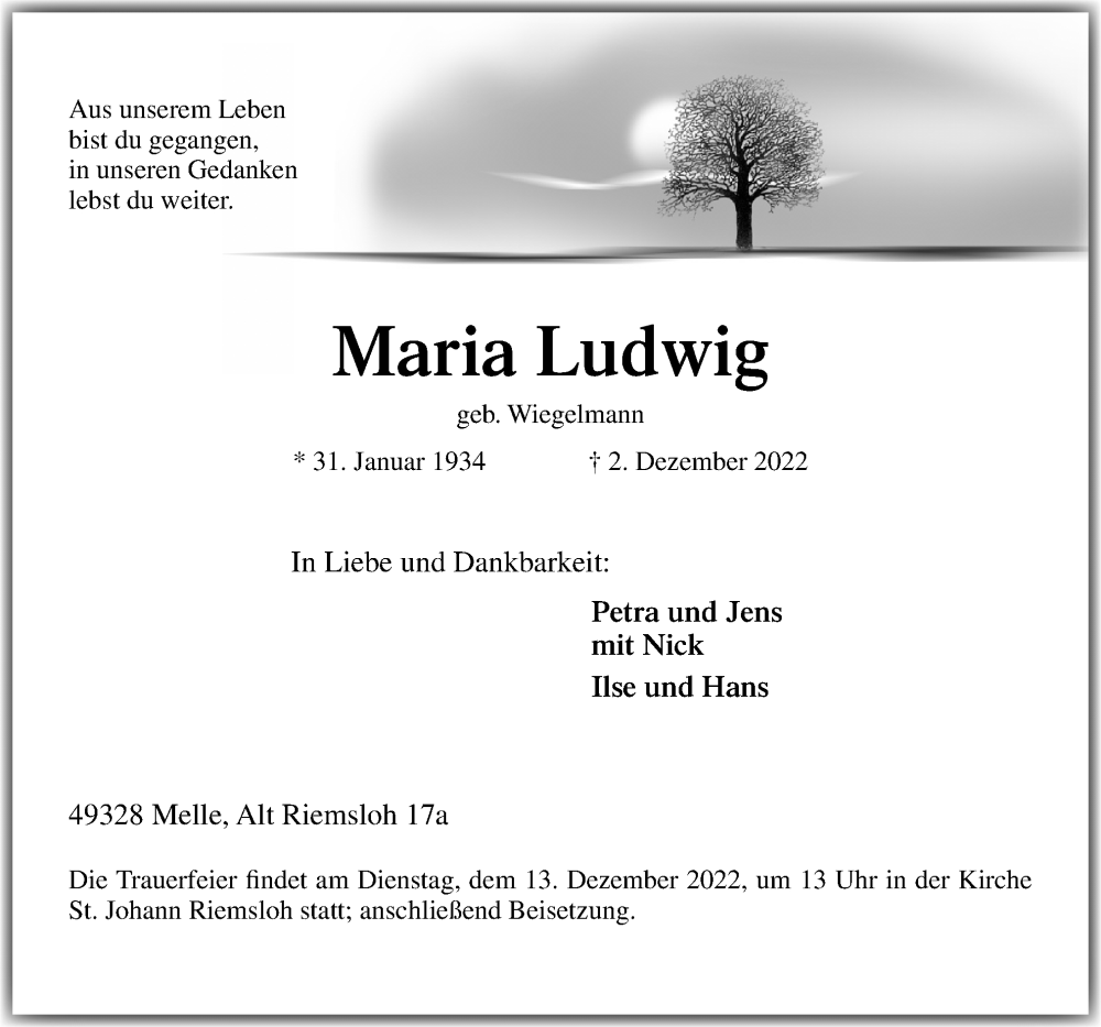  Traueranzeige für Maria Ludwig vom 06.12.2022 aus Neue Osnabrücker Zeitung GmbH & Co. KG