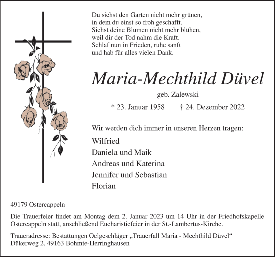 Traueranzeige von Maria-Mechthild Düvel von Neue Osnabrücker Zeitung GmbH & Co. KG