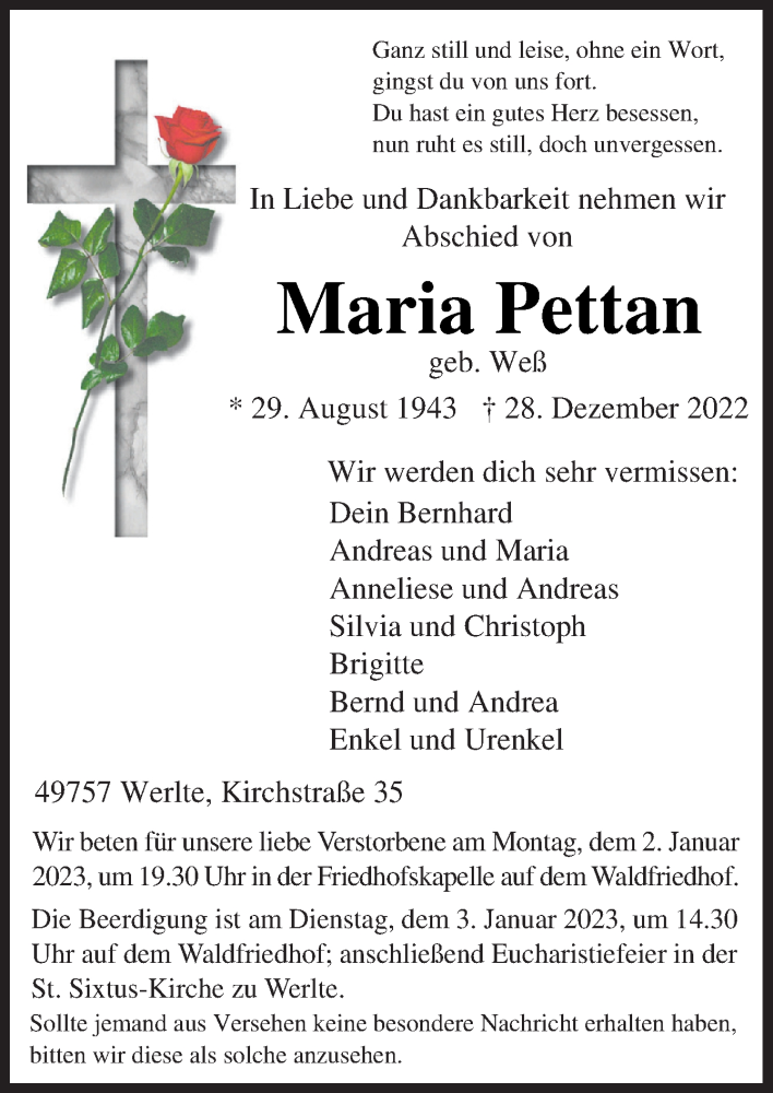  Traueranzeige für Maria Pettan vom 31.12.2022 aus Neue Osnabrücker Zeitung GmbH & Co. KG