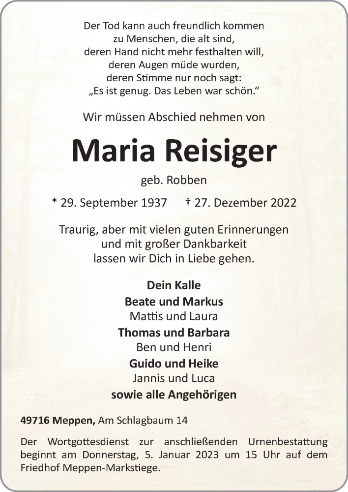  Traueranzeige für Maria Reisiger vom 31.12.2022 aus Neue Osnabrücker Zeitung GmbH & Co. KG