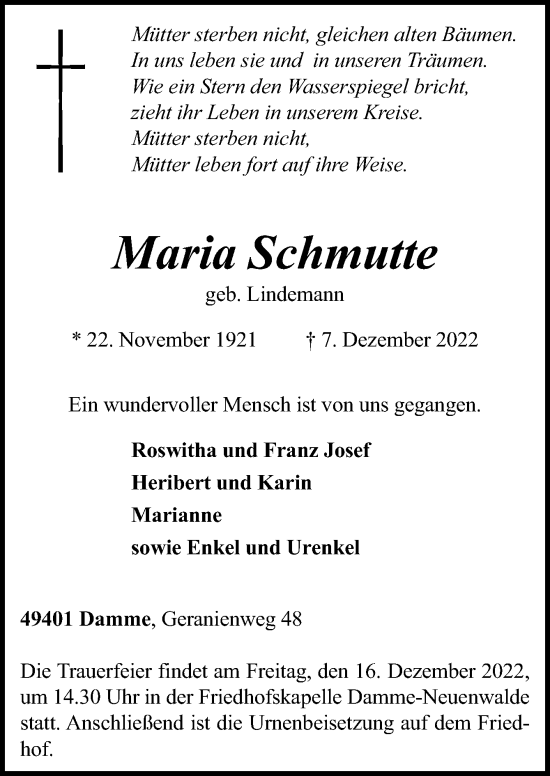 Traueranzeige von Maria Schmutte von Neue Osnabrücker Zeitung GmbH & Co. KG