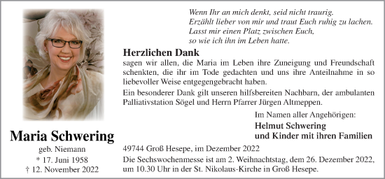 Traueranzeige von Maria Schwering von Neue Osnabrücker Zeitung GmbH & Co. KG