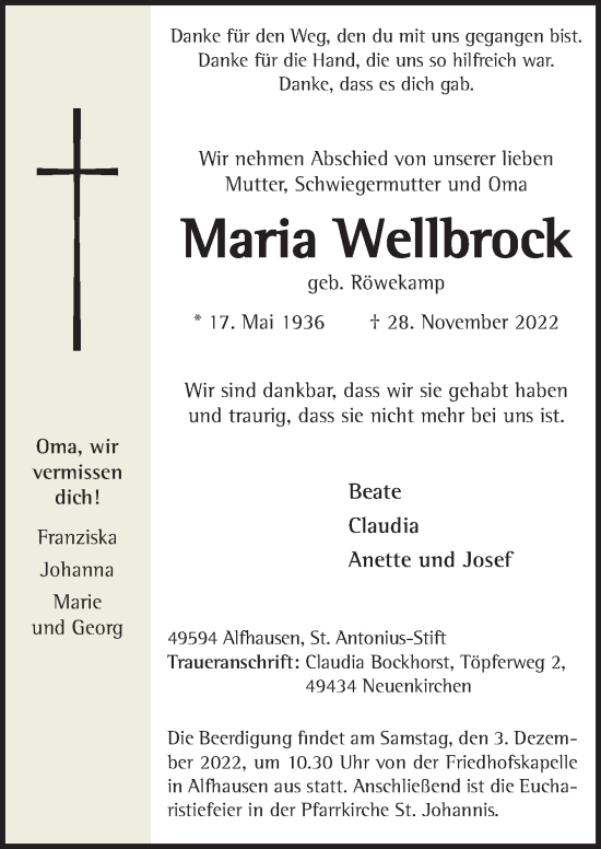 Traueranzeige von Maria Wellbrock von Neue Osnabrücker Zeitung GmbH & Co. KG