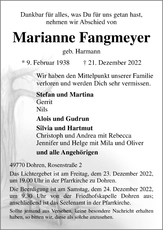 Traueranzeige von Marianne Fangmeyer von Neue Osnabrücker Zeitung GmbH & Co. KG