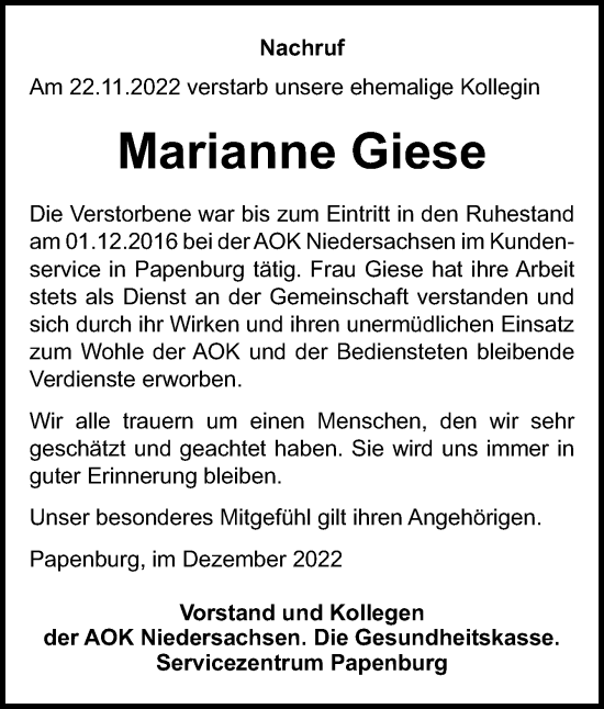 Traueranzeige von Marianne Giese von Neue Osnabrücker Zeitung GmbH & Co. KG