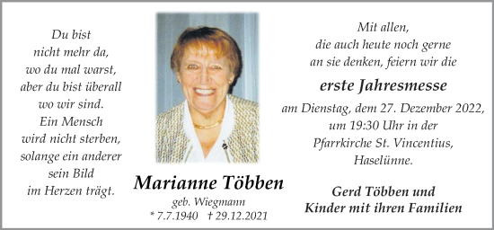 Traueranzeige von Marianne Többen von Neue Osnabrücker Zeitung GmbH & Co. KG