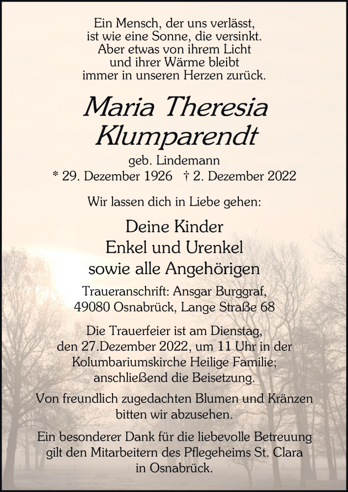  Traueranzeige für Maria Theresia Klumparendt vom 17.12.2022 aus Neue Osnabrücker Zeitung GmbH & Co. KG