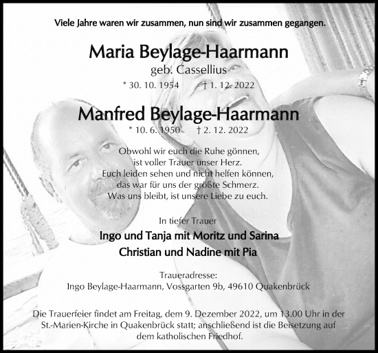 Traueranzeige von Maria und Manfred Beylage-Haarmann von Neue Osnabrücker Zeitung GmbH & Co. KG