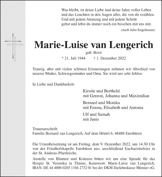 Traueranzeige von Marie-Luise van Lengerich von Neue Osnabrücker Zeitung GmbH & Co. KG