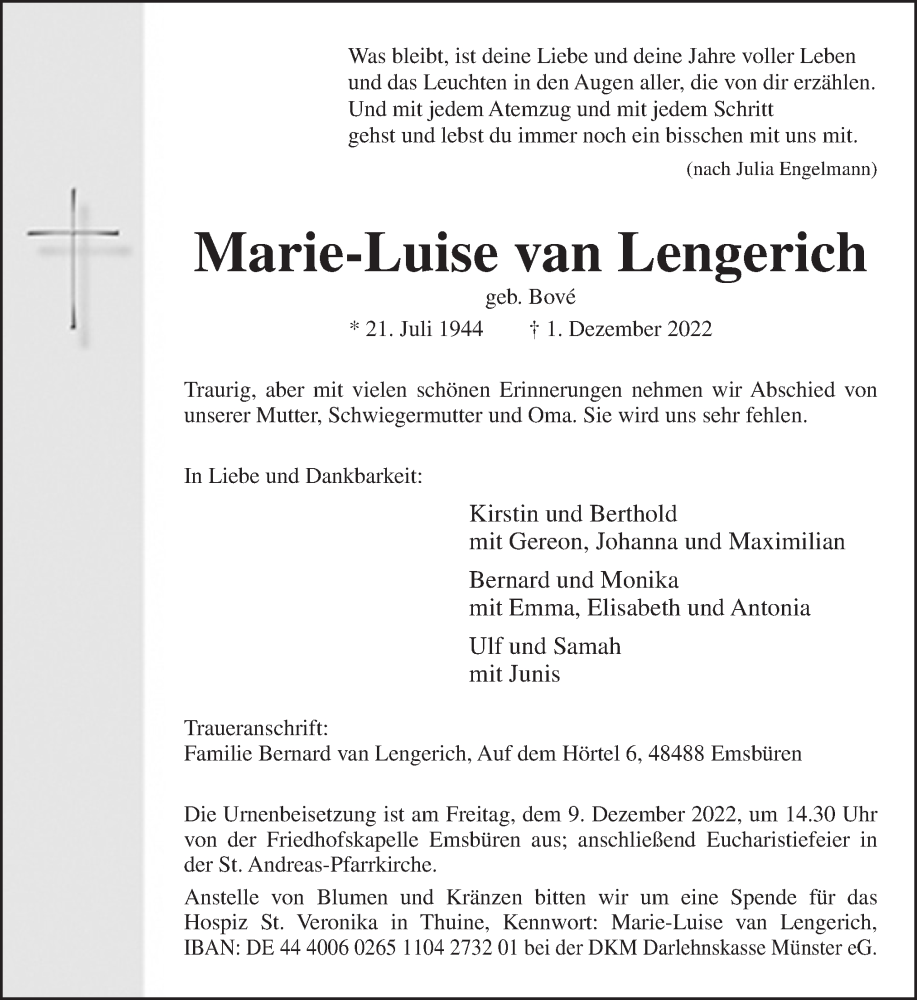  Traueranzeige für Marie-Luise van Lengerich vom 06.12.2022 aus Neue Osnabrücker Zeitung GmbH & Co. KG
