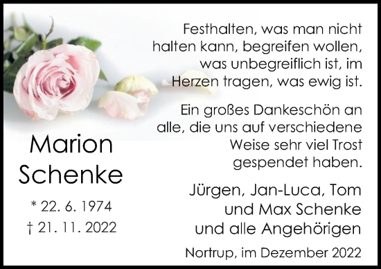 Traueranzeige von Marion Schenke von Neue Osnabrücker Zeitung GmbH & Co. KG