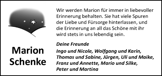 Traueranzeige von Marion Schenke von Neue Osnabrücker Zeitung GmbH & Co. KG