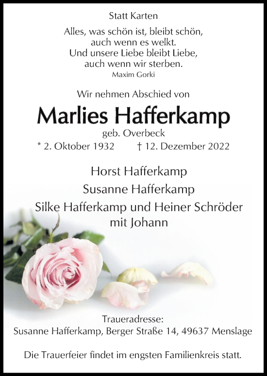 Traueranzeige von Marlies Hafferkamp von Neue Osnabrücker Zeitung GmbH & Co. KG