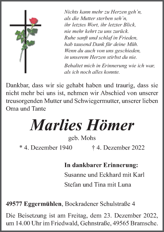 Traueranzeige von Marlies Hömer von Neue Osnabrücker Zeitung GmbH & Co. KG