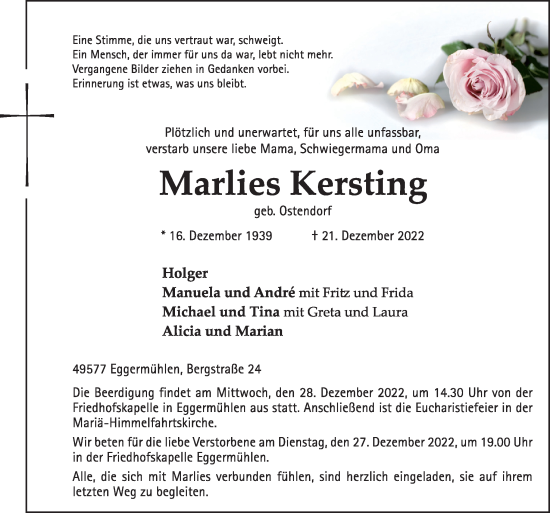 Traueranzeige von Marlies Kersting von Neue Osnabrücker Zeitung GmbH & Co. KG