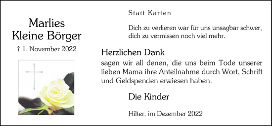 Traueranzeige von Marlies Kleine Börger von Neue Osnabrücker Zeitung GmbH & Co. KG