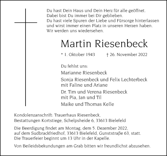 Traueranzeige von Martin Riesenbeck von Neue Osnabrücker Zeitung GmbH & Co. KG