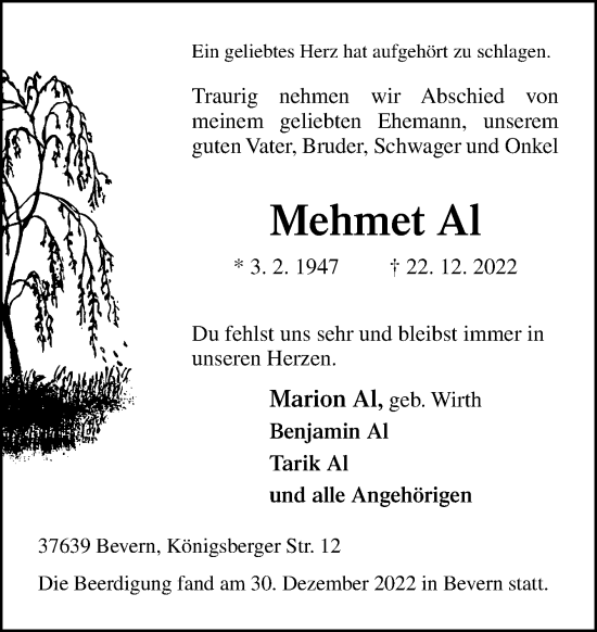 Traueranzeige von Mehmet Al von Neue Osnabrücker Zeitung GmbH & Co. KG