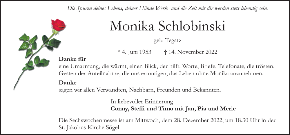  Traueranzeige für Monika Schlobinski vom 24.12.2022 aus Neue Osnabrücker Zeitung GmbH & Co. KG