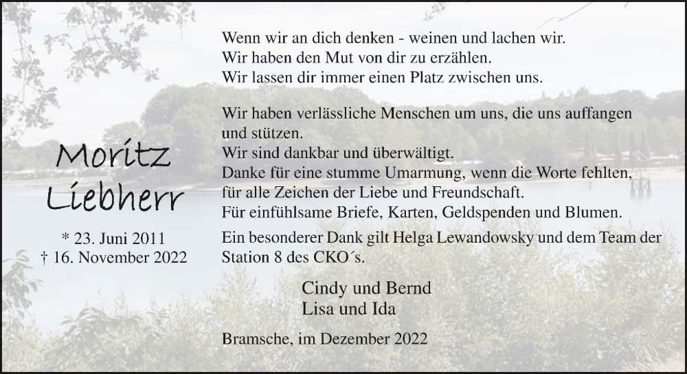  Traueranzeige für Moritz Liebherr vom 24.12.2022 aus Neue Osnabrücker Zeitung GmbH & Co. KG