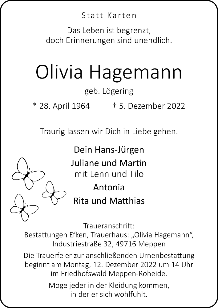  Traueranzeige für Olivia Hagemann vom 07.12.2022 aus Neue Osnabrücker Zeitung GmbH & Co. KG
