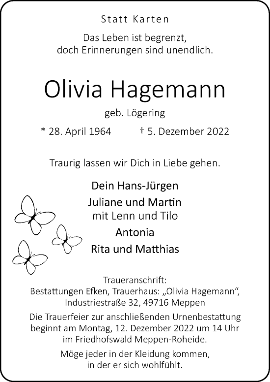 Traueranzeige von Olivia Hagemann von Neue Osnabrücker Zeitung GmbH & Co. KG