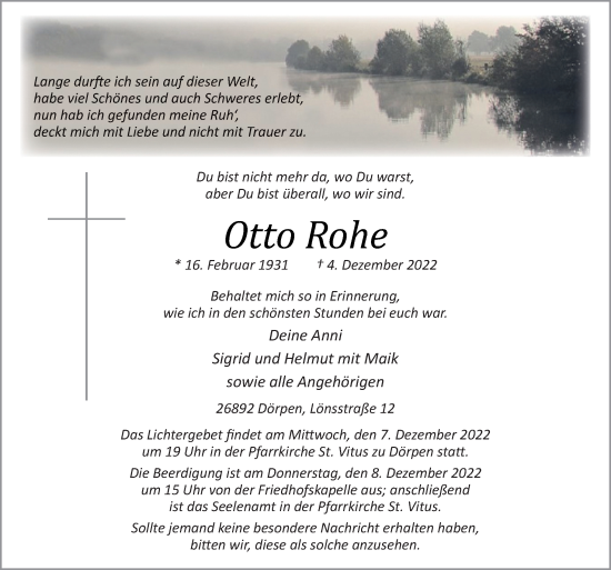 Traueranzeige von Otto Rohe von Neue Osnabrücker Zeitung GmbH &amp; Co. KG
