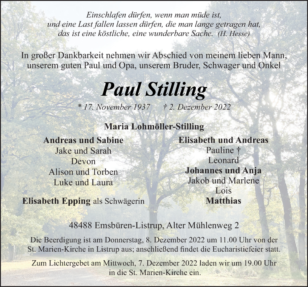  Traueranzeige für Paul Stilling vom 06.12.2022 aus Neue Osnabrücker Zeitung GmbH & Co. KG