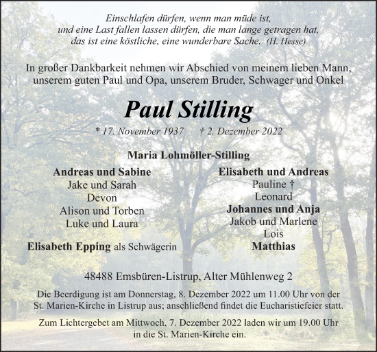 Traueranzeige von Paul Stilling von Neue Osnabrücker Zeitung GmbH & Co. KG