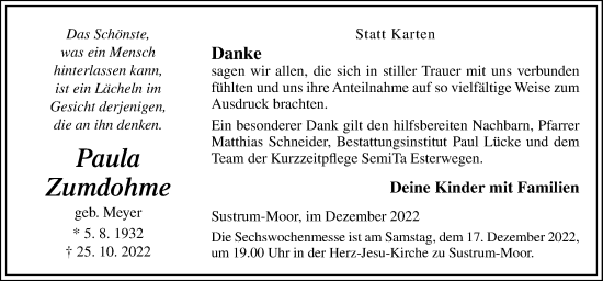 Traueranzeige von Paula Zumdohme von Neue Osnabrücker Zeitung GmbH & Co. KG