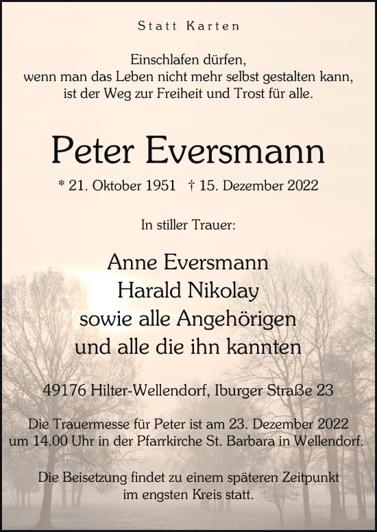 Traueranzeige von Peter Eversmann von Neue Osnabrücker Zeitung GmbH & Co. KG