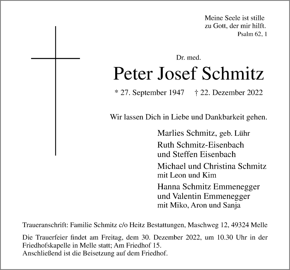  Traueranzeige für Peter Josef Schmitz vom 27.12.2022 aus Neue Osnabrücker Zeitung GmbH & Co. KG