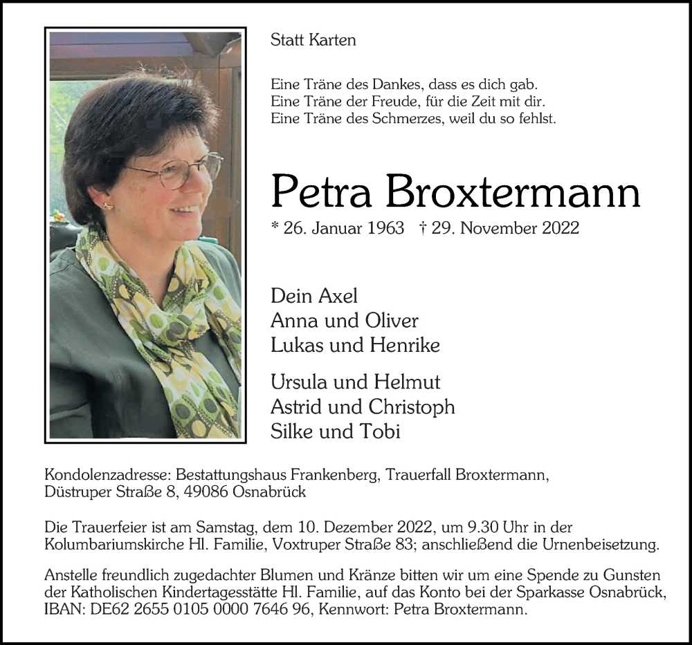  Traueranzeige für Petra Broxtermann vom 03.12.2022 aus Neue Osnabrücker Zeitung GmbH & Co. KG